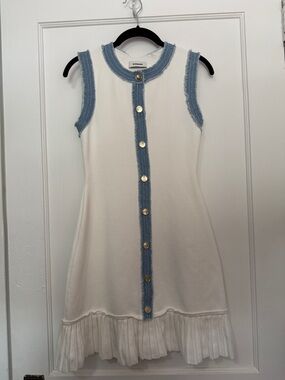 Sandro Cream Dress with Blue Denim Trim and Gold Buttons